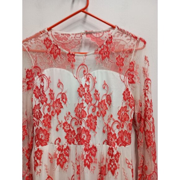 Cassie Mclean Womens Fairy Romantic Midi Dress Medium Red Nude Lace Open Back - Picture 2 of 8